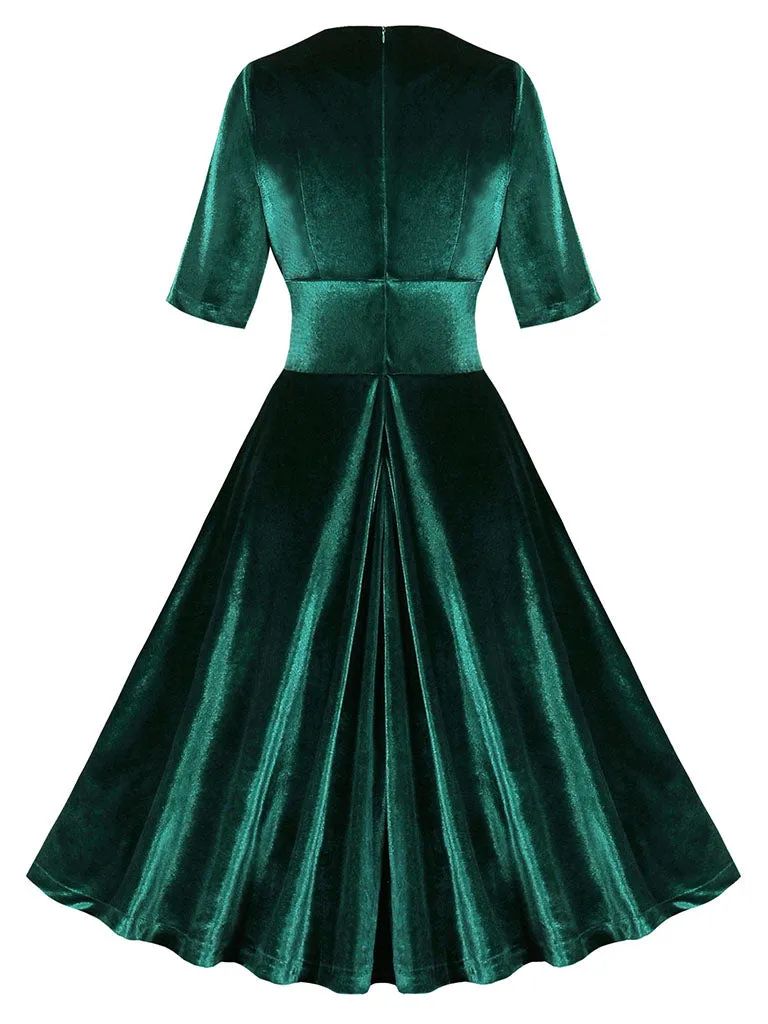 Dark Green V Neck Short Sleeve Velvet Vintage Swing Dress