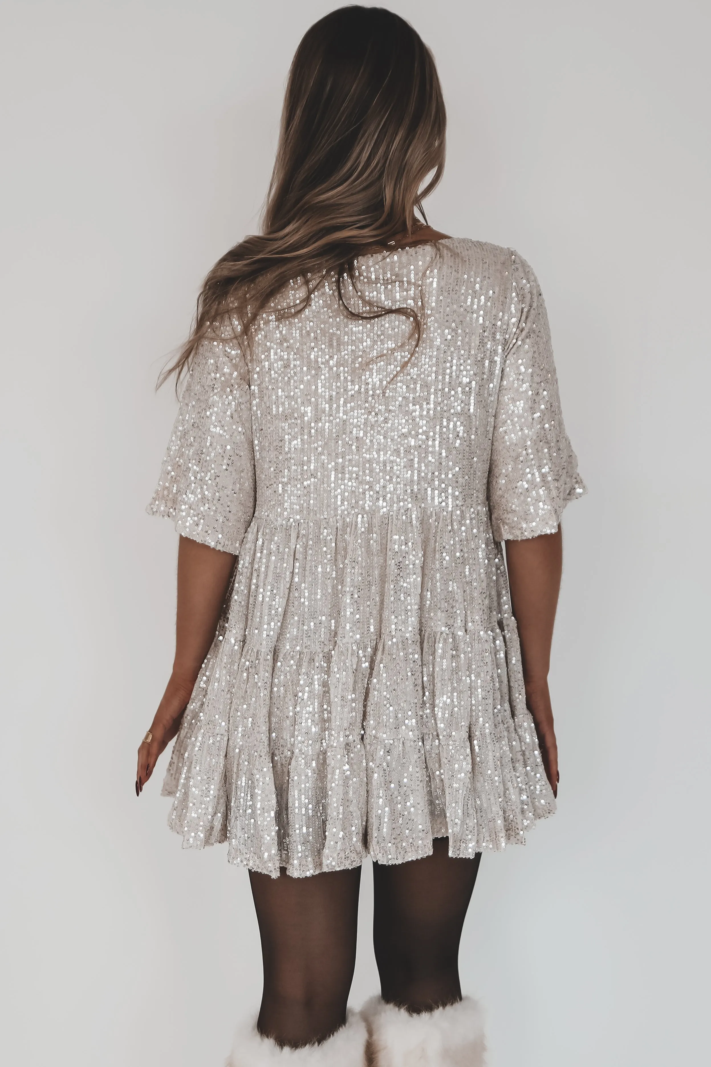 DEAL My Queen Sequin Champagne Baby Doll Dress