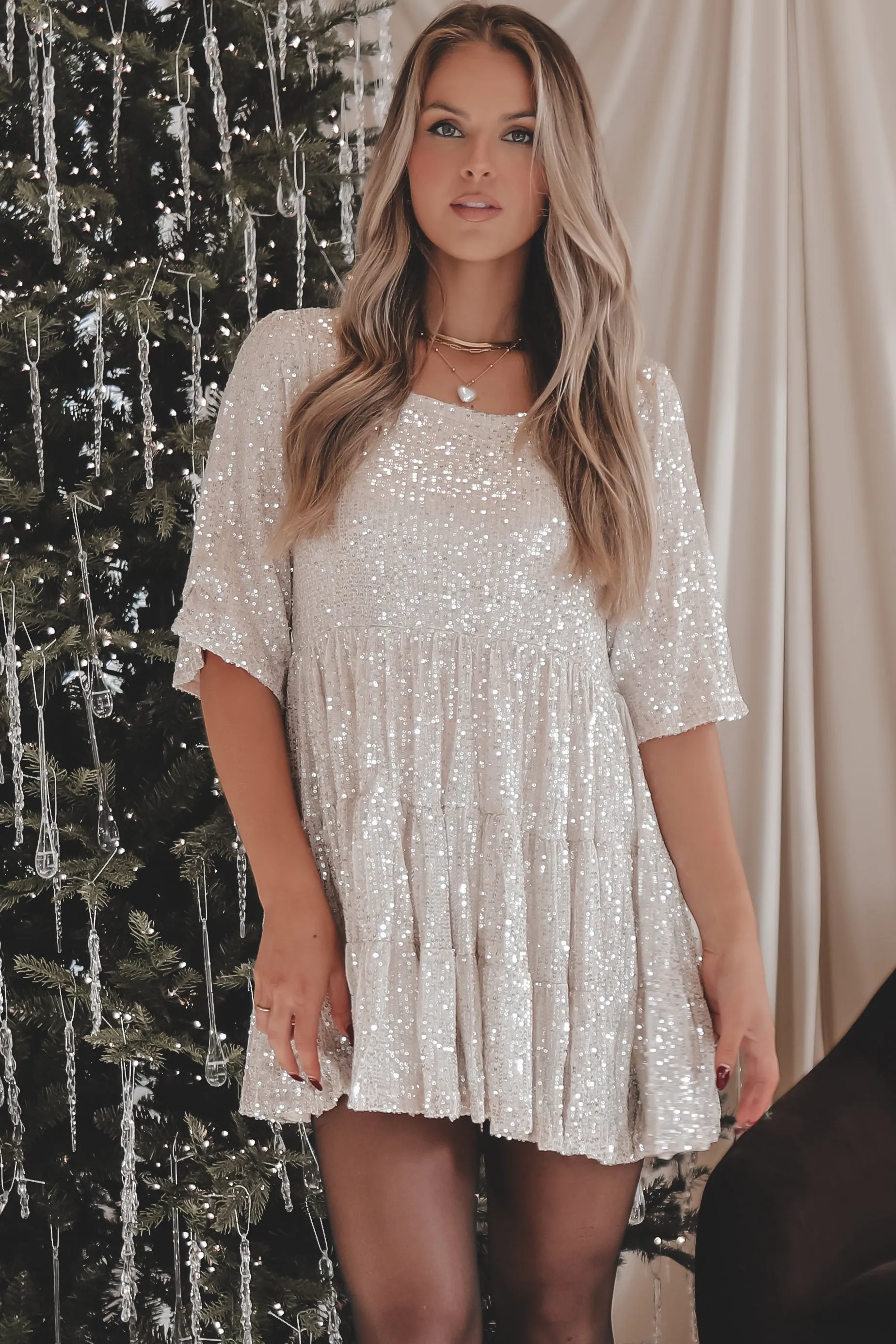 DEAL My Queen Sequin Champagne Baby Doll Dress