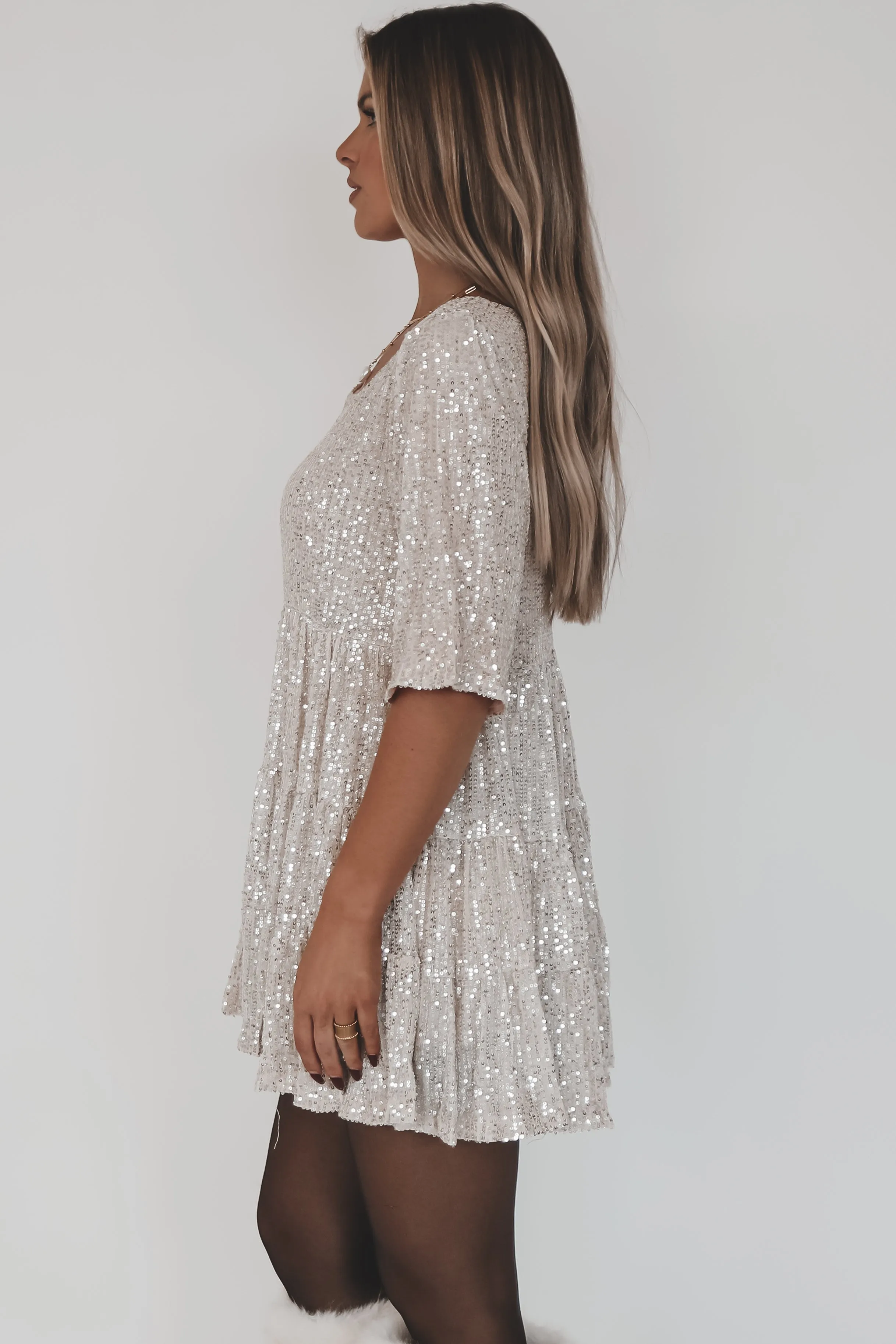 DEAL My Queen Sequin Champagne Baby Doll Dress