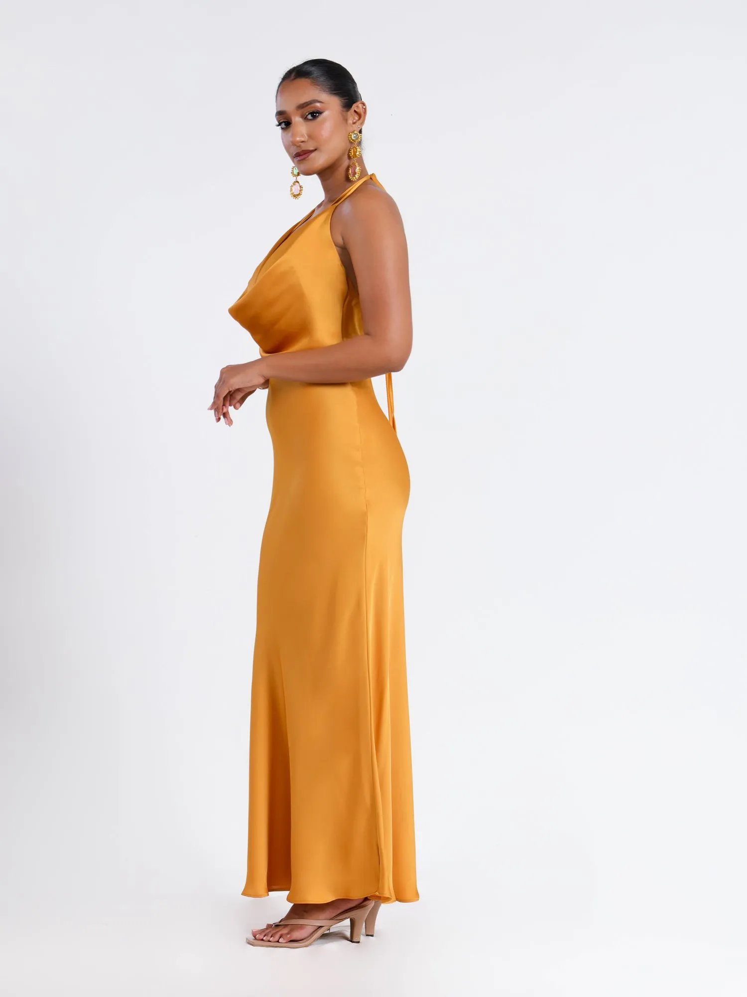 Deep Cowl Neck Back Tie Up Satin Maxi Dress