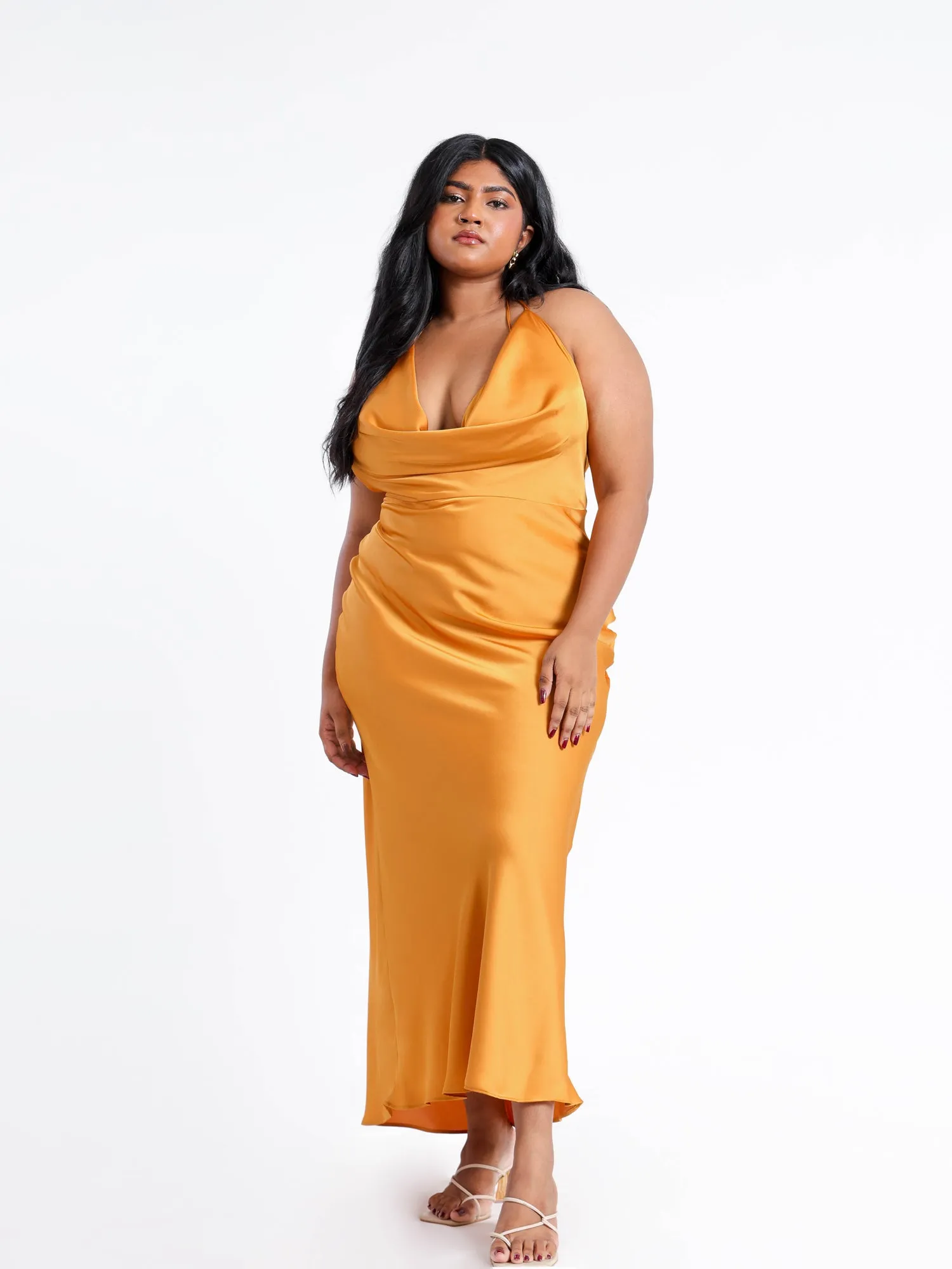 Deep Cowl Neck Back Tie Up Satin Maxi Dress