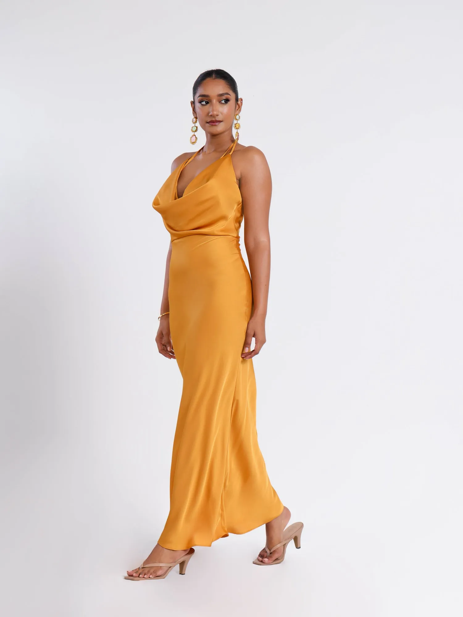 Deep Cowl Neck Back Tie Up Satin Maxi Dress