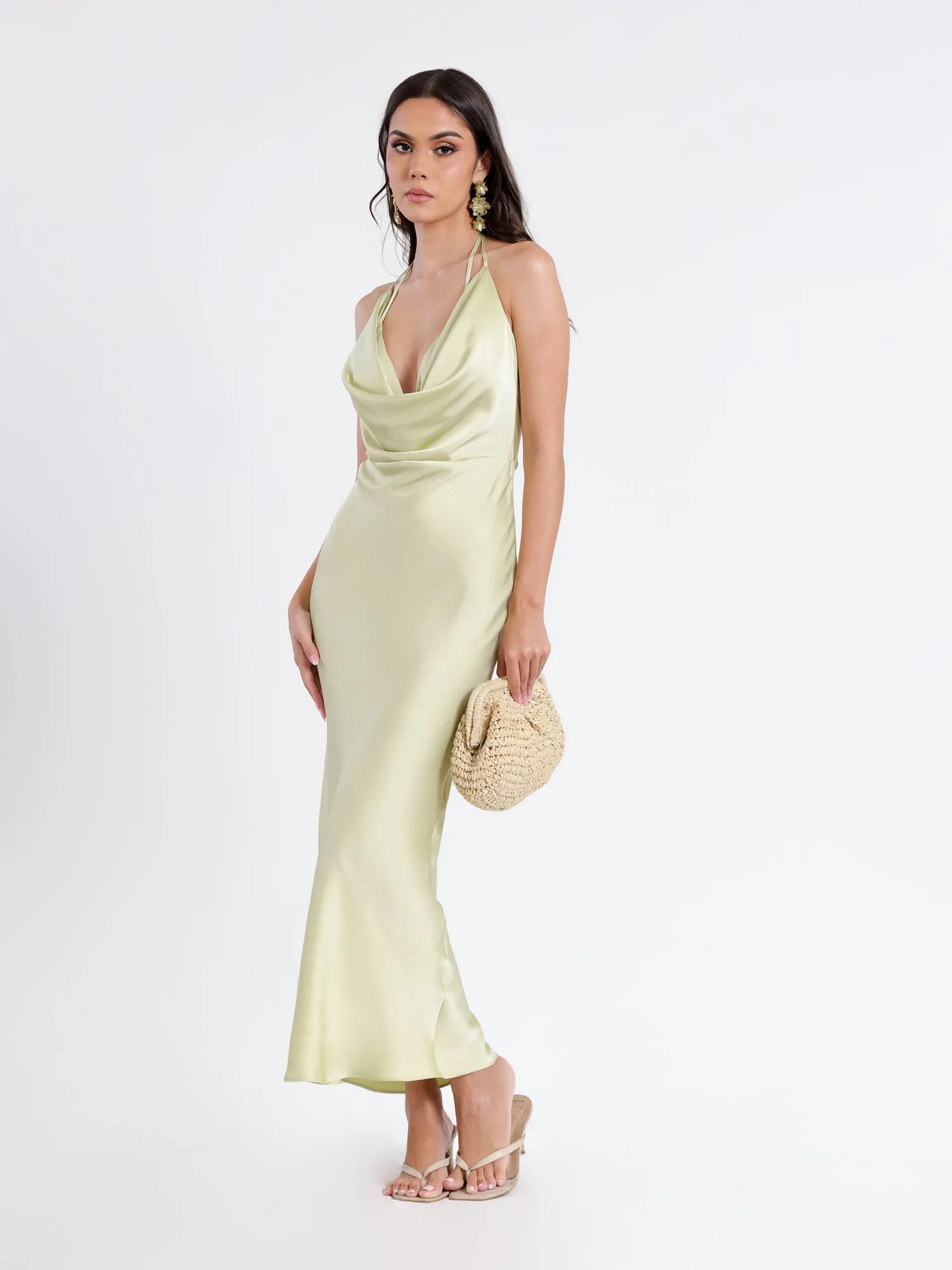 Deep Cowl Neck Back Tie Up Satin Maxi Dress