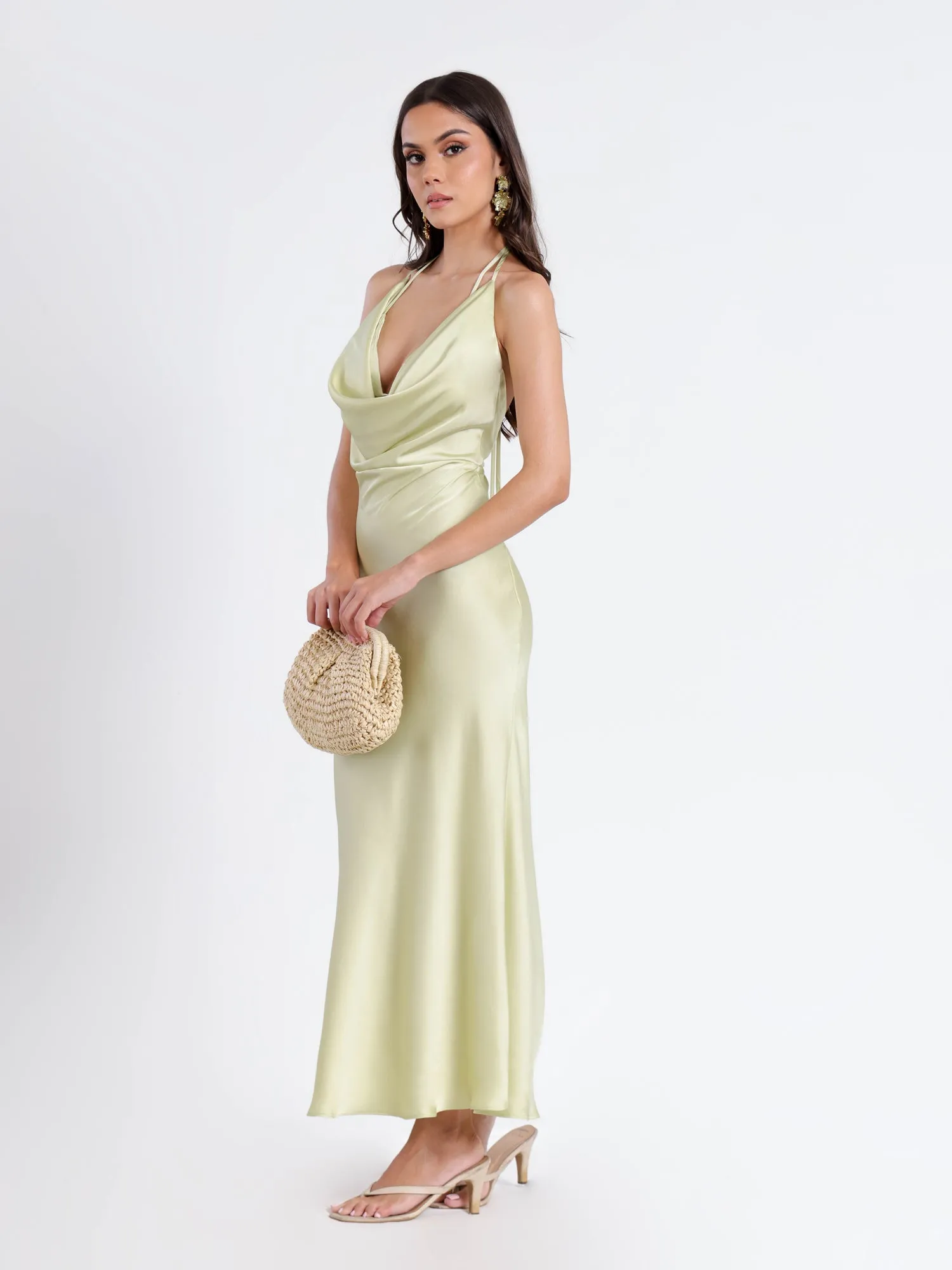Deep Cowl Neck Back Tie Up Satin Maxi Dress
