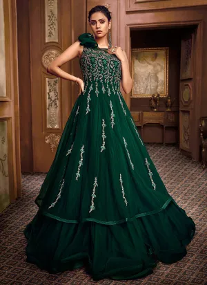 Deep Green Embroidered Layered Indo Western Gown
