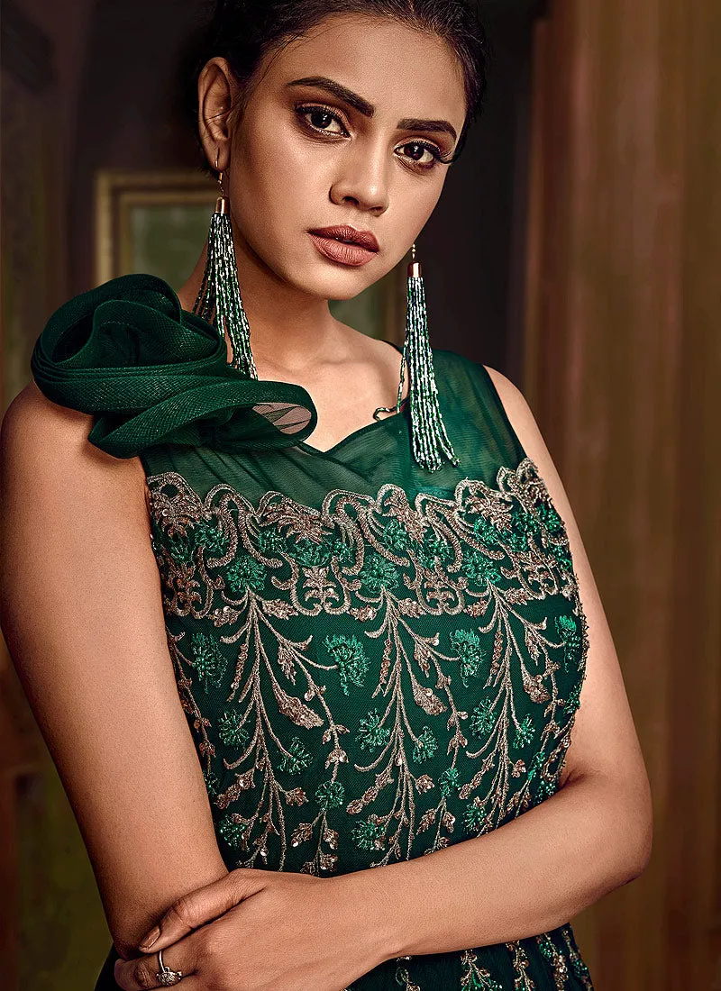 Deep Green Embroidered Layered Indo Western Gown