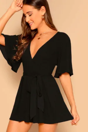 Deep V Neck Flutter Sleeve Belted Playsuit