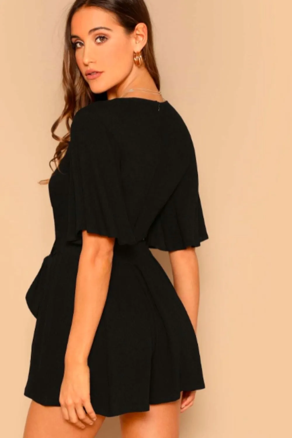 Deep V Neck Flutter Sleeve Belted Playsuit