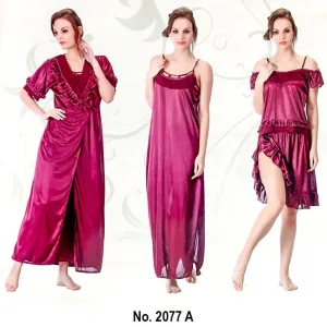 Designer 3 Pcs Nighty Set - SW-2077A - Satin Silk Nighty by Skin Wrap