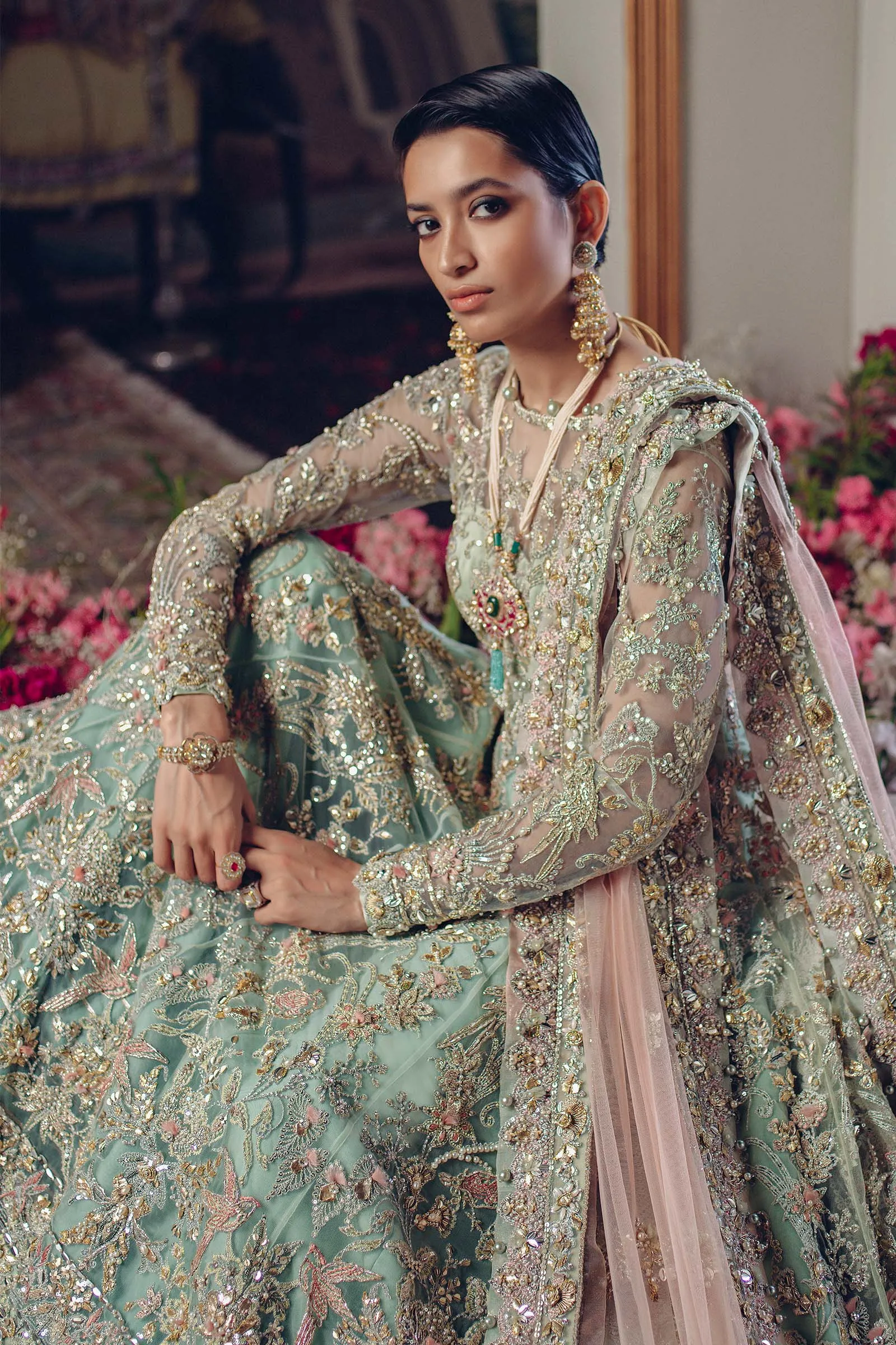 Designer Aqua Bridal Lehenga Gown for Indian Bridal wear