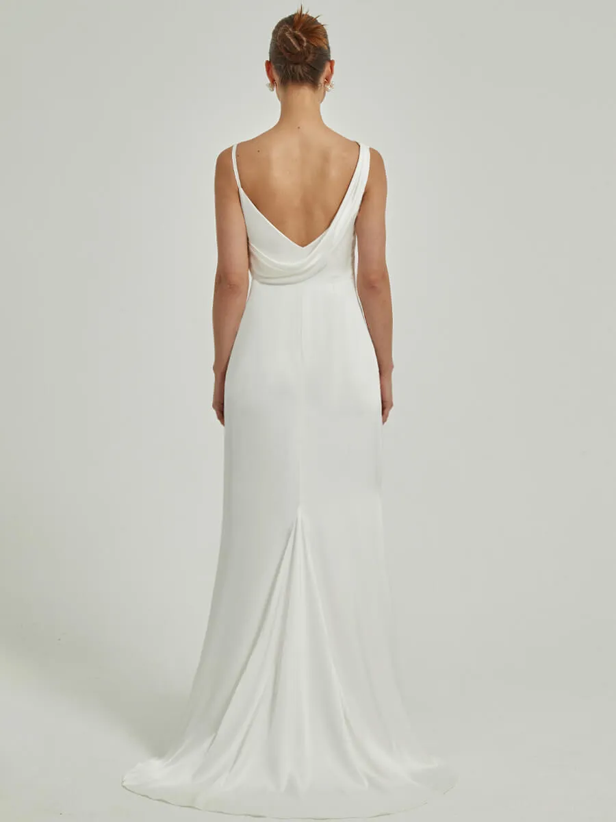 Diamond White Sheath Button Slit V Back Satin Wedding Dress With Train