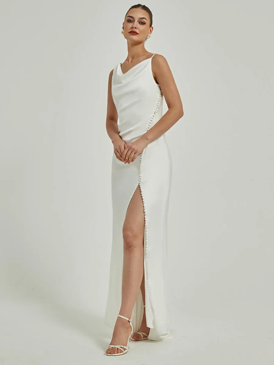 Diamond White Sheath Button Slit V Back Satin Wedding Dress With Train