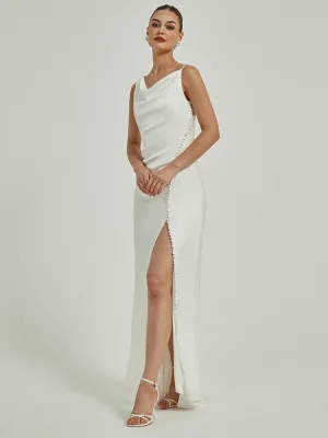 Diamond White Sheath Button Slit V Back Satin Wedding Dress With Train