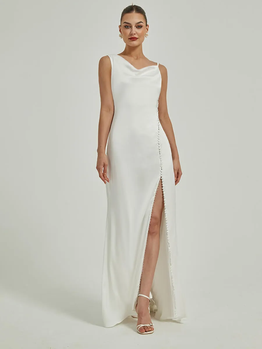 Diamond White Sheath Button Slit V Back Satin Wedding Dress With Train