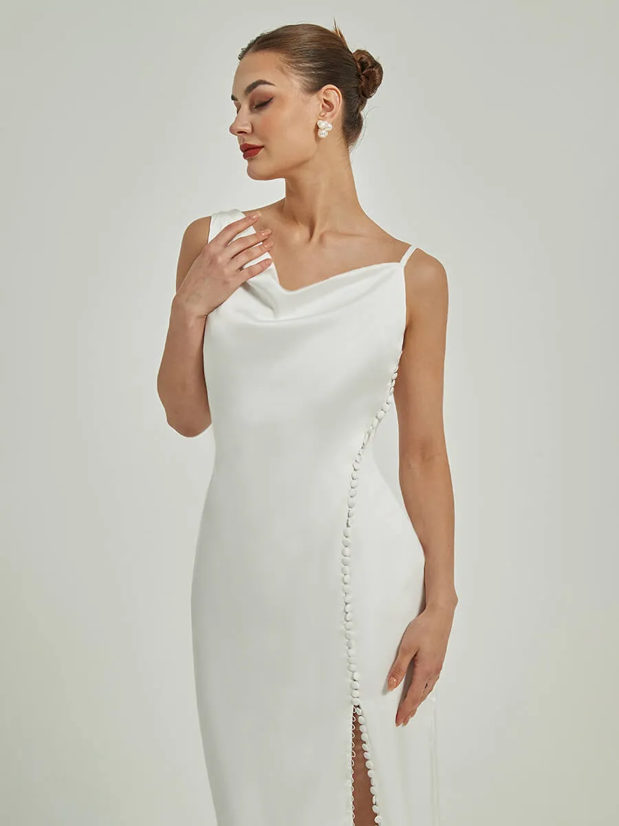 Diamond White Sheath Button Slit V Back Satin Wedding Dress With Train