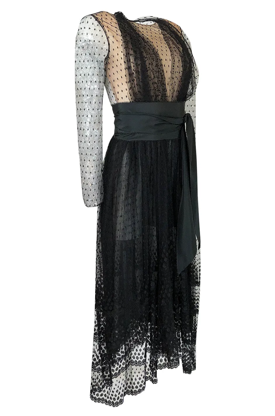 Documented Spring 1979 Bill Blass Couture Black Silk Swiss Dot Net Dress