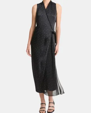 DOT PRINT PANELED CHIFFON WRAP DRESS IN BLACK/GREY
