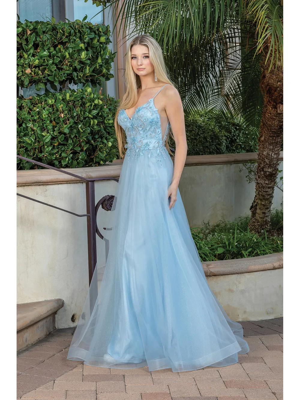 DQ 4276 - Layered Tulle A-Line Prom Gown with 3D Floral Embroidered V-Neck Bodice Sheer Underarms  & Open Back