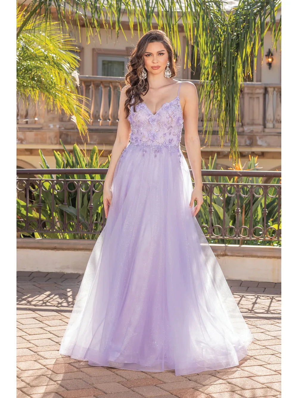 DQ 4276 - Layered Tulle A-Line Prom Gown with 3D Floral Embroidered V-Neck Bodice Sheer Underarms  & Open Back