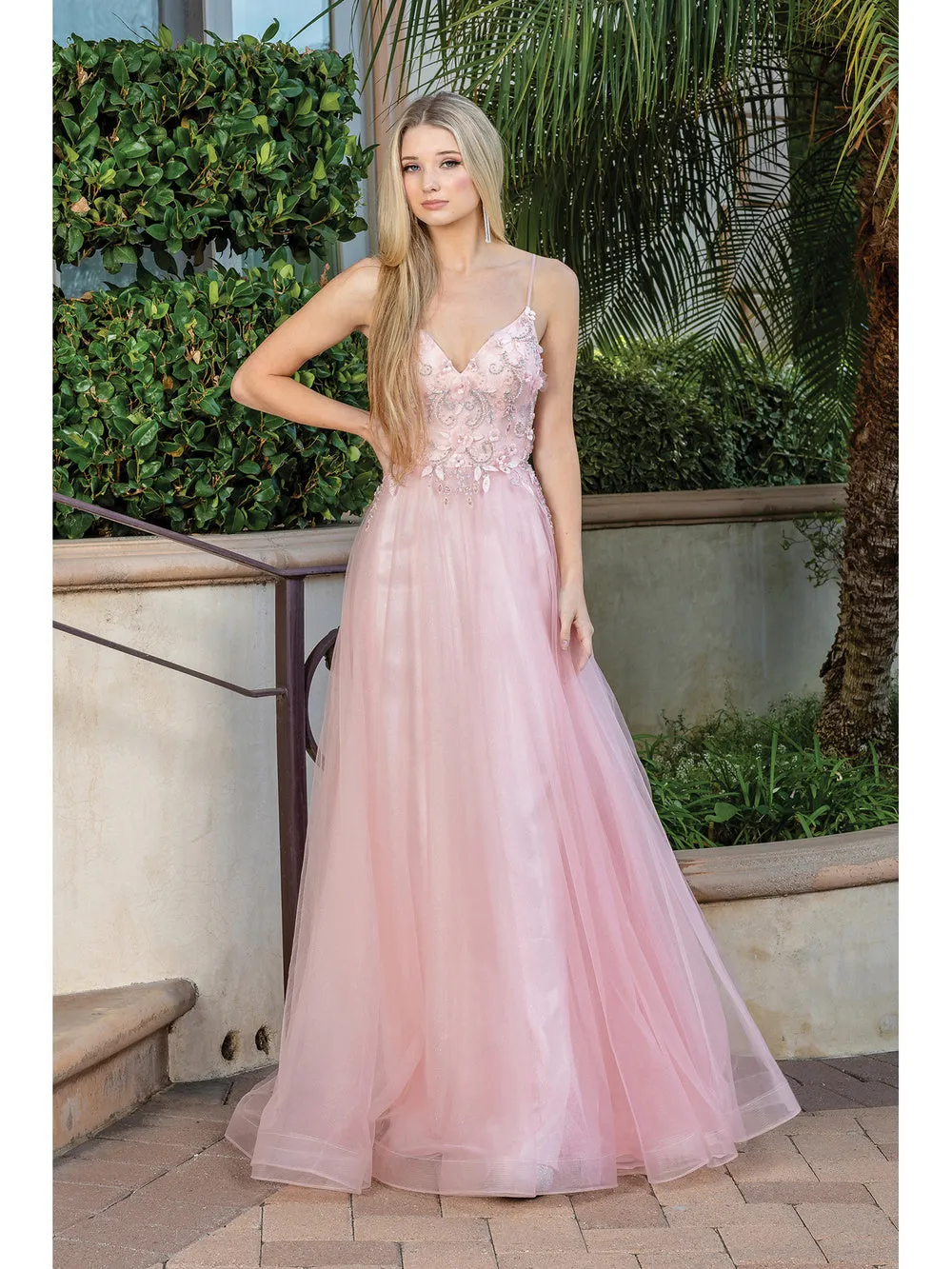 DQ 4276 - Layered Tulle A-Line Prom Gown with 3D Floral Embroidered V-Neck Bodice Sheer Underarms  & Open Back