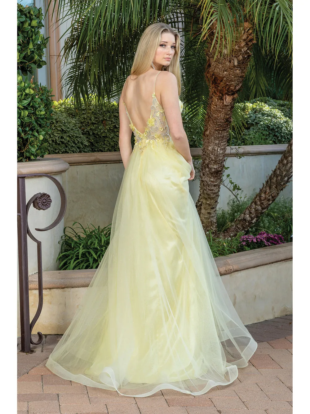 DQ 4276 - Layered Tulle A-Line Prom Gown with 3D Floral Embroidered V-Neck Bodice Sheer Underarms  & Open Back