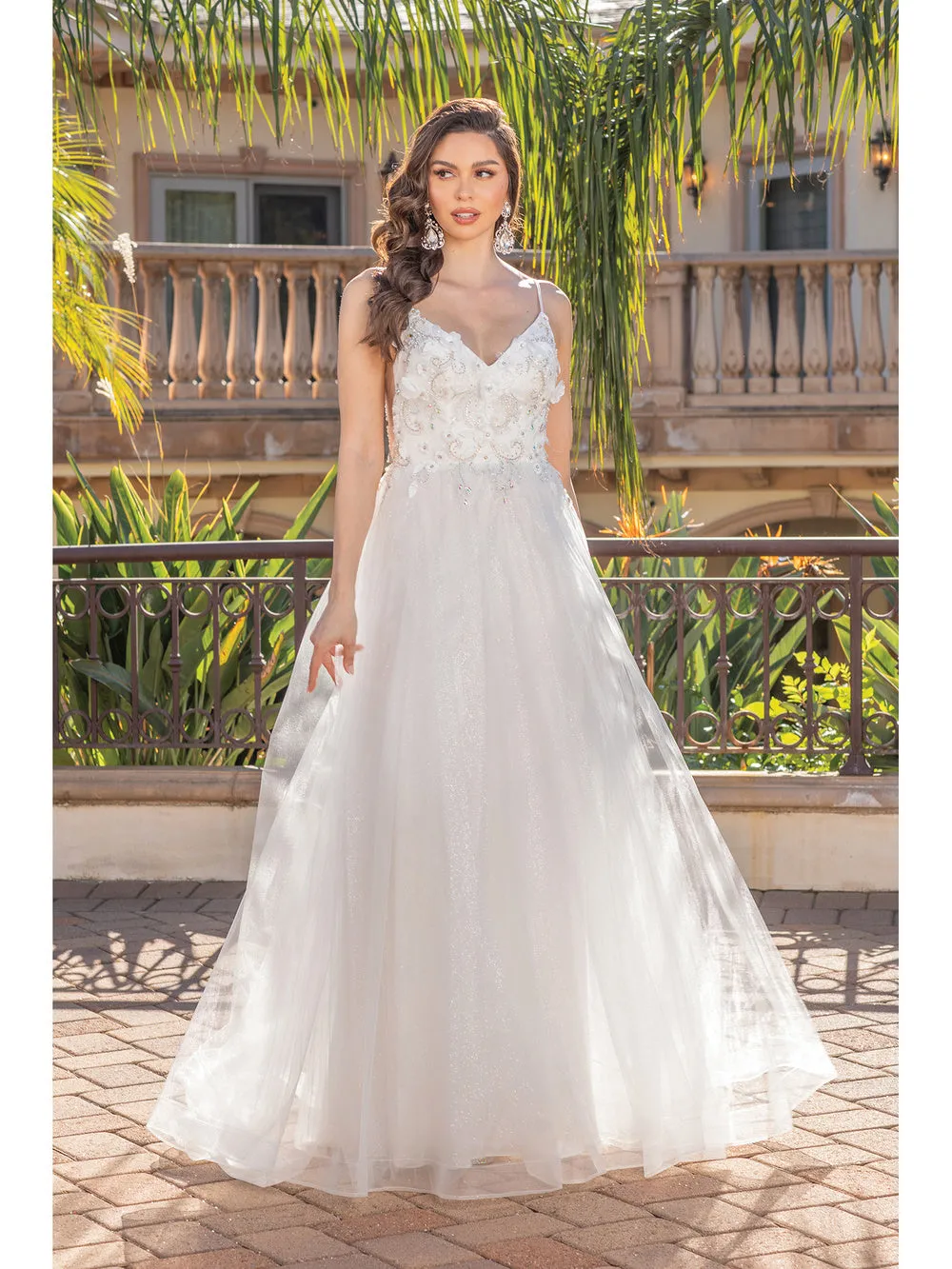 DQ 4276 - Layered Tulle A-Line Prom Gown with 3D Floral Embroidered V-Neck Bodice Sheer Underarms  & Open Back