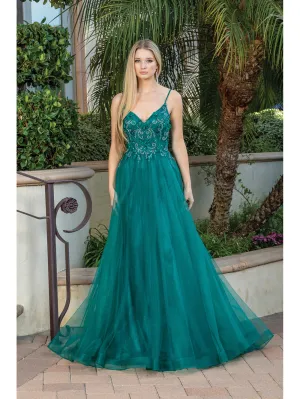 DQ 4276 - Layered Tulle A-Line Prom Gown with 3D Floral Embroidered V-Neck Bodice Sheer Underarms  & Open Back