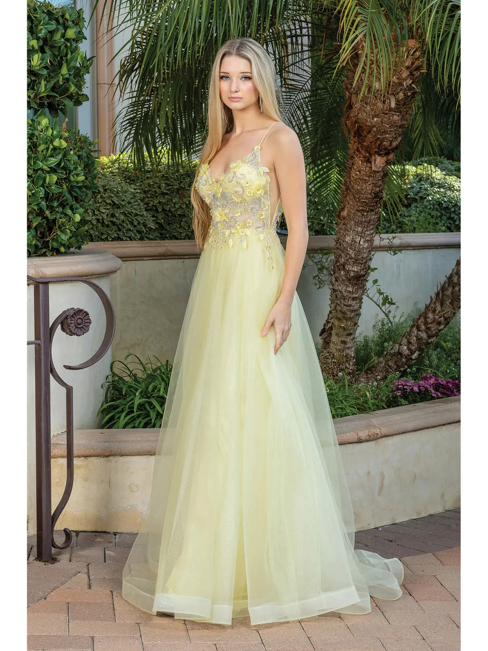 DQ 4276 - Layered Tulle A-Line Prom Gown with 3D Floral Embroidered V-Neck Bodice Sheer Underarms  & Open Back