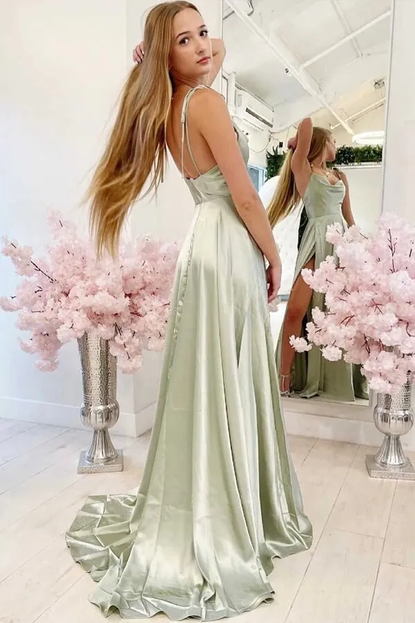 Dusty Sage A-line Cowl Neck Simple Prom Dresses With Slit, Party Dress, MP783