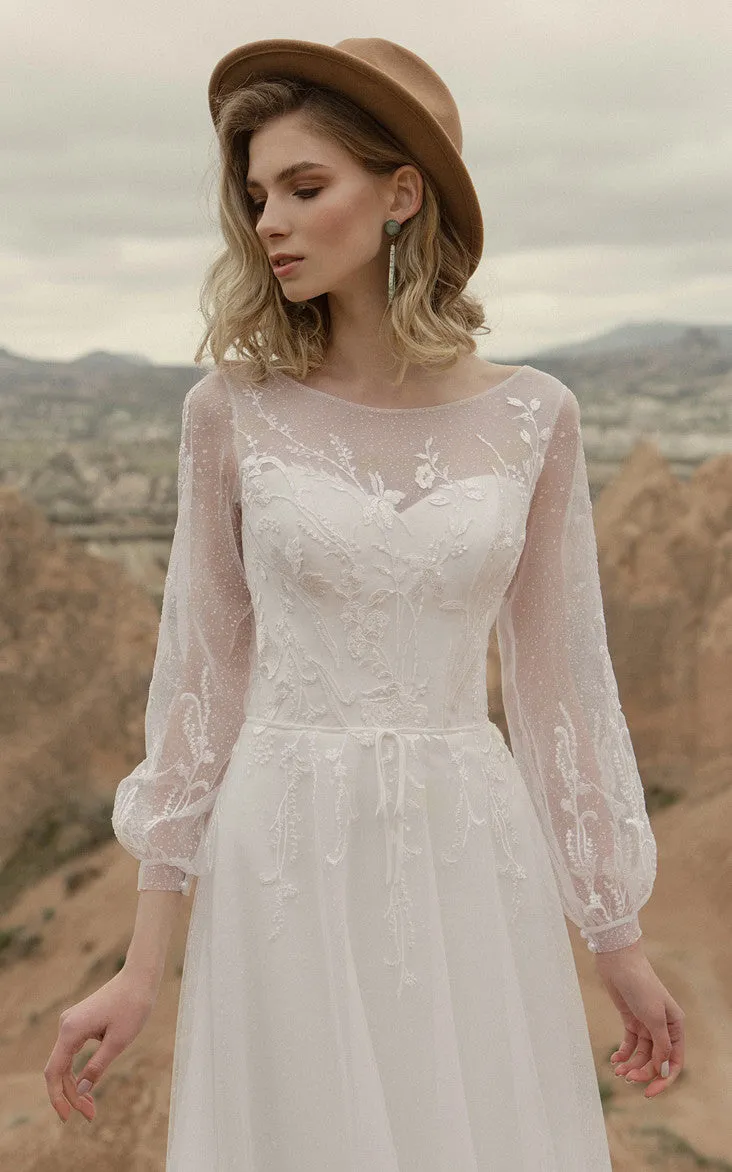 Elegant A-Line Bateau Wedding Dress With Illusion Long Sleeves And Lace-up Back-716441
