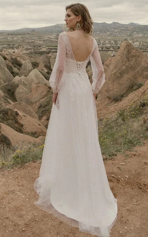 Elegant A-Line Bateau Wedding Dress With Illusion Long Sleeves And Lace-up Back-716441