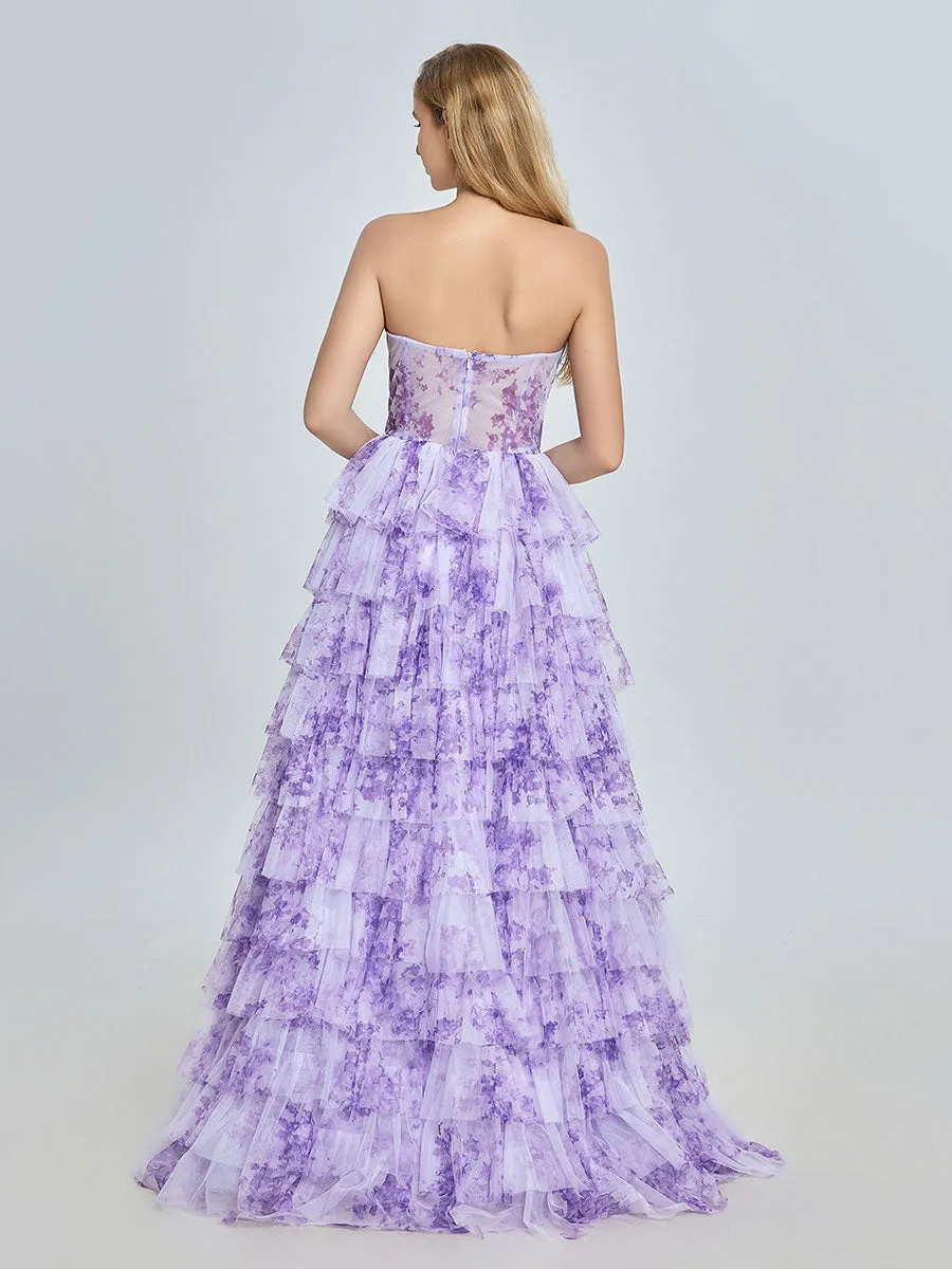 Elegant Lavender Tiered Gown Layered Printed Tulle Prom Party Dress YE3024