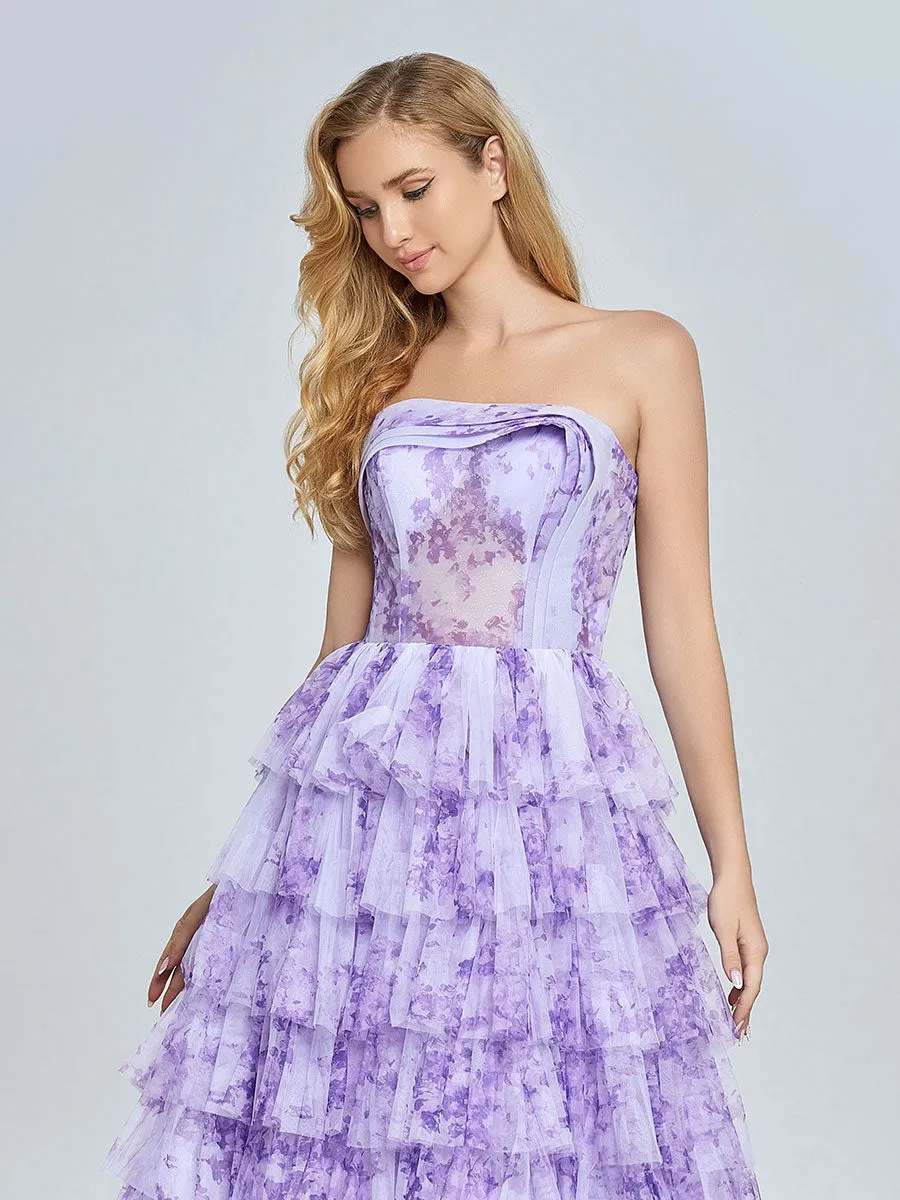 Elegant Lavender Tiered Gown Layered Printed Tulle Prom Party Dress YE3024