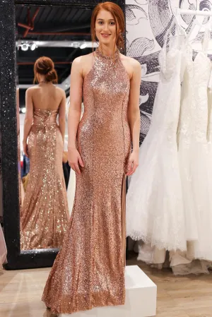 Elegant Mermaid Halter Rose Gold Evening Gown with Slit
