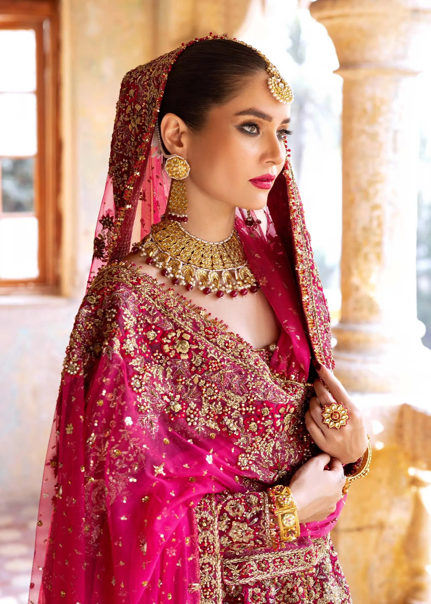 Embellished Front Open Pakistani Bridal Gown with Chiffon Lehenga and Net Dupatta Dress