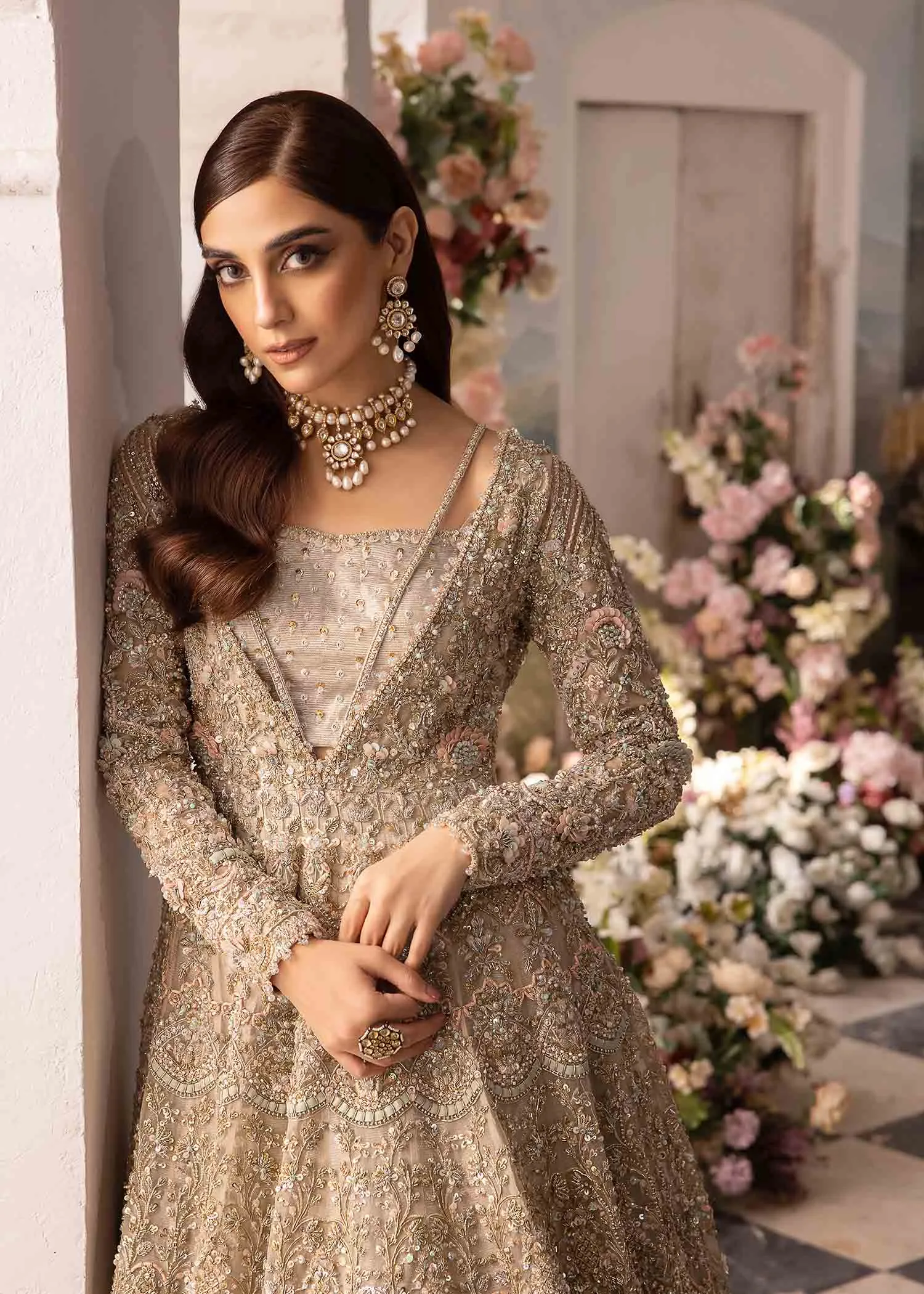 Embellished Ivory Pishwas Gown and Bridal Lehenga Dress