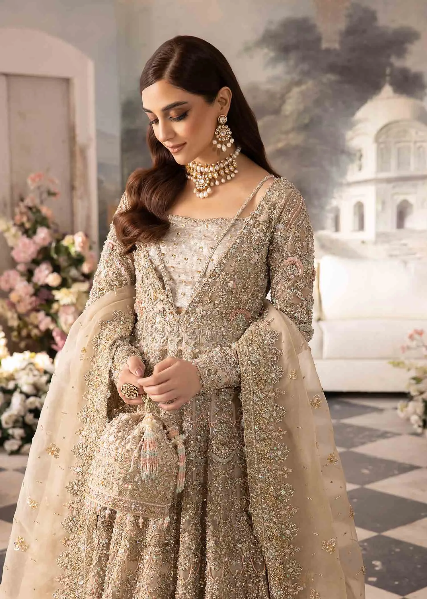 Embellished Ivory Pishwas Gown and Bridal Lehenga Dress