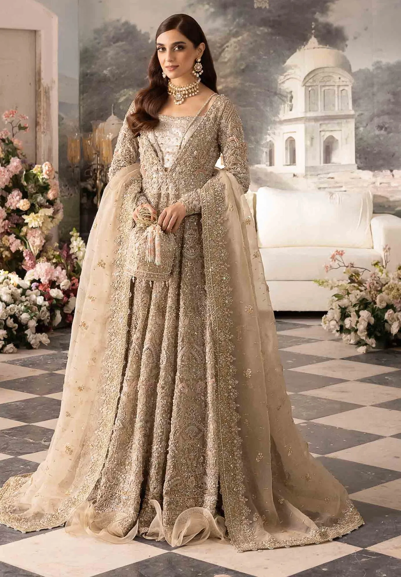 Embellished Ivory Pishwas Gown and Bridal Lehenga Dress