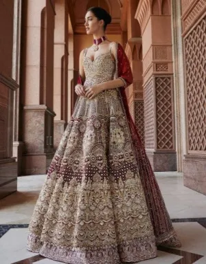 Embellished Maroon Grey Lehenga Gown for Bridal Wear