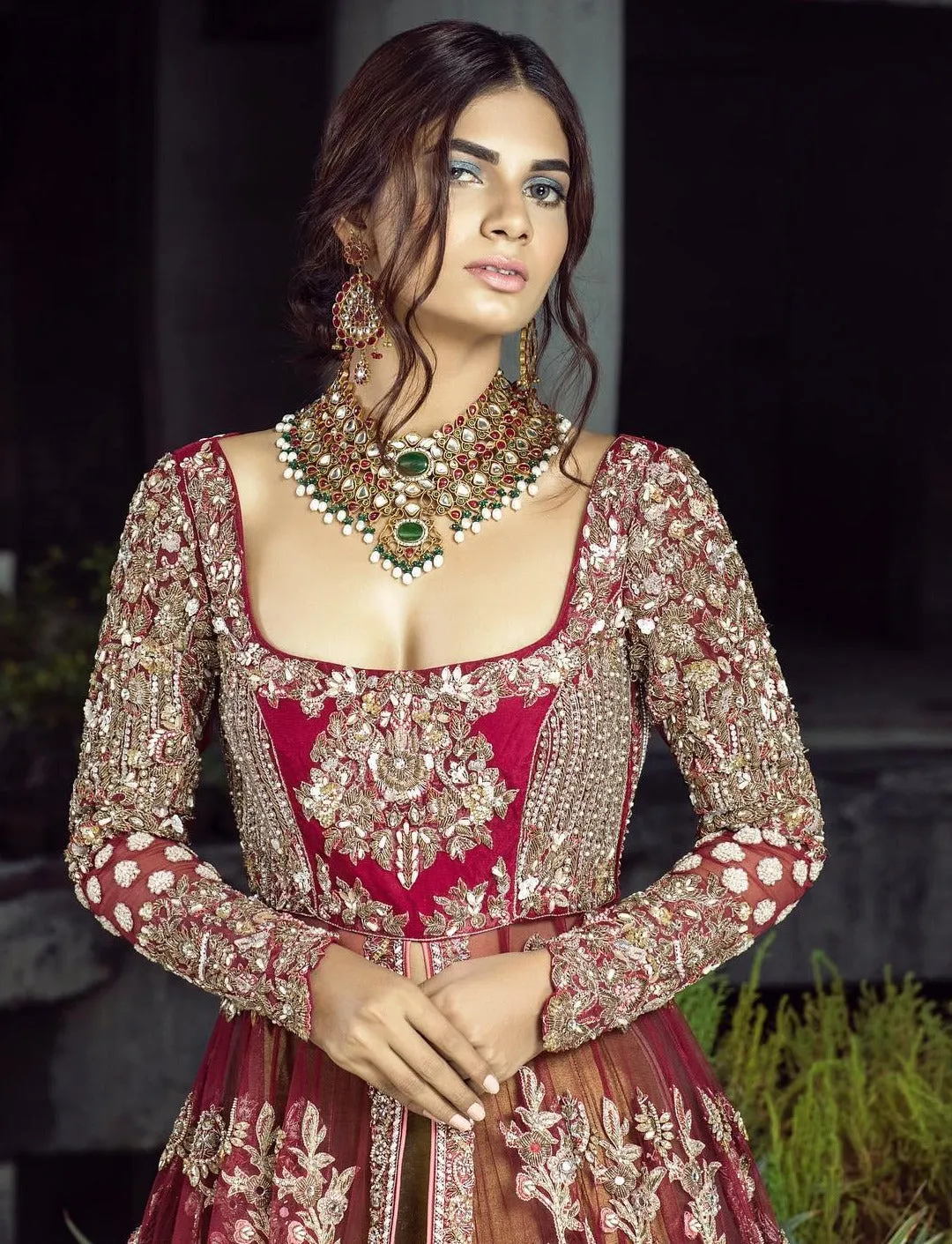 Embellished Maroon Indian Bridal Gown Lehenga #BN1279