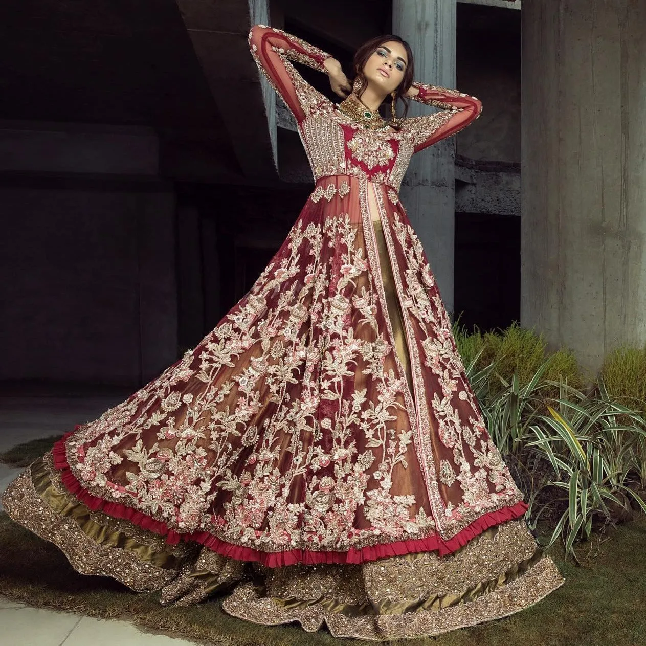 Embellished Maroon Indian Bridal Gown Lehenga #BN1279