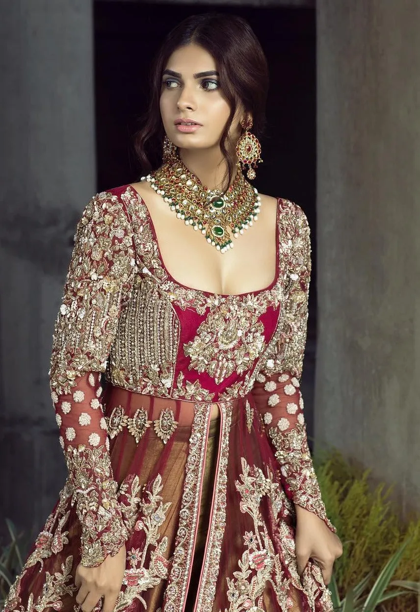 Embellished Maroon Indian Bridal Gown Lehenga #BN1279