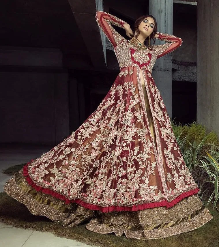 Embellished Maroon Indian Bridal Gown Lehenga #BN1279