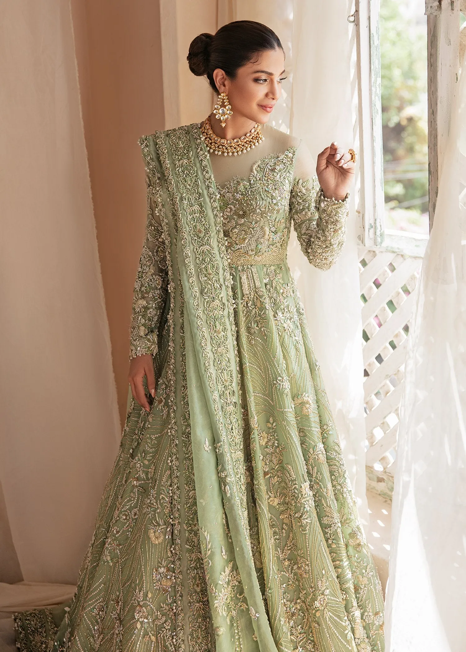 Embroidered Designer Pakistani Bridal Dress in Heavily Embroidered Traditional Bridal Gown in Lime Green Lehenga with Zardozi Embellished Gown #BN918
