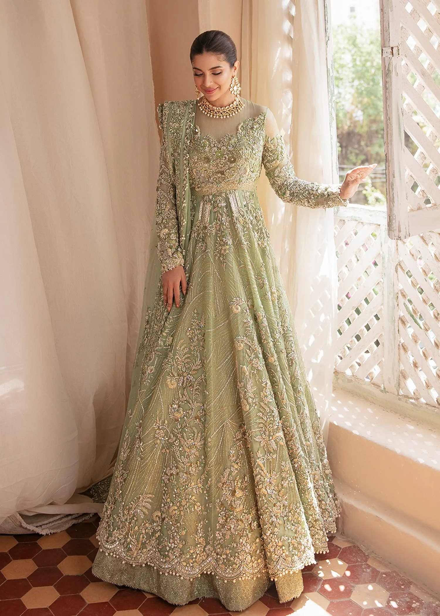 Embroidered Designer Pakistani Bridal Dress in Heavily Embroidered Traditional Bridal Gown in Lime Green Lehenga with Zardozi Embellished Gown #BN918