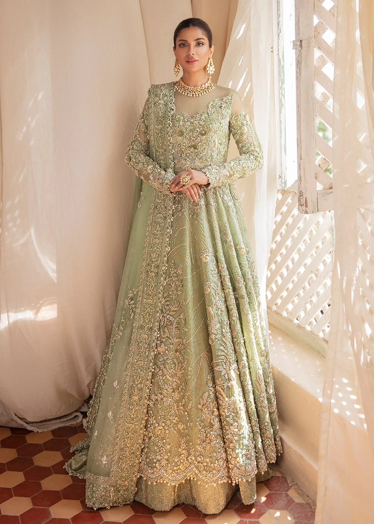 Embroidered Designer Pakistani Bridal Dress in Heavily Embroidered Traditional Bridal Gown in Lime Green Lehenga with Zardozi Embellished Gown #BN918