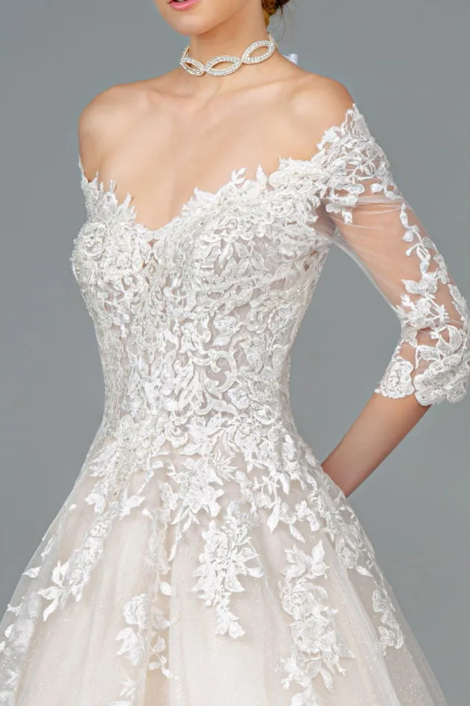 Embroidered Glitter Mesh V-Neck Wedding Gown w/ 1/2 Sleeve