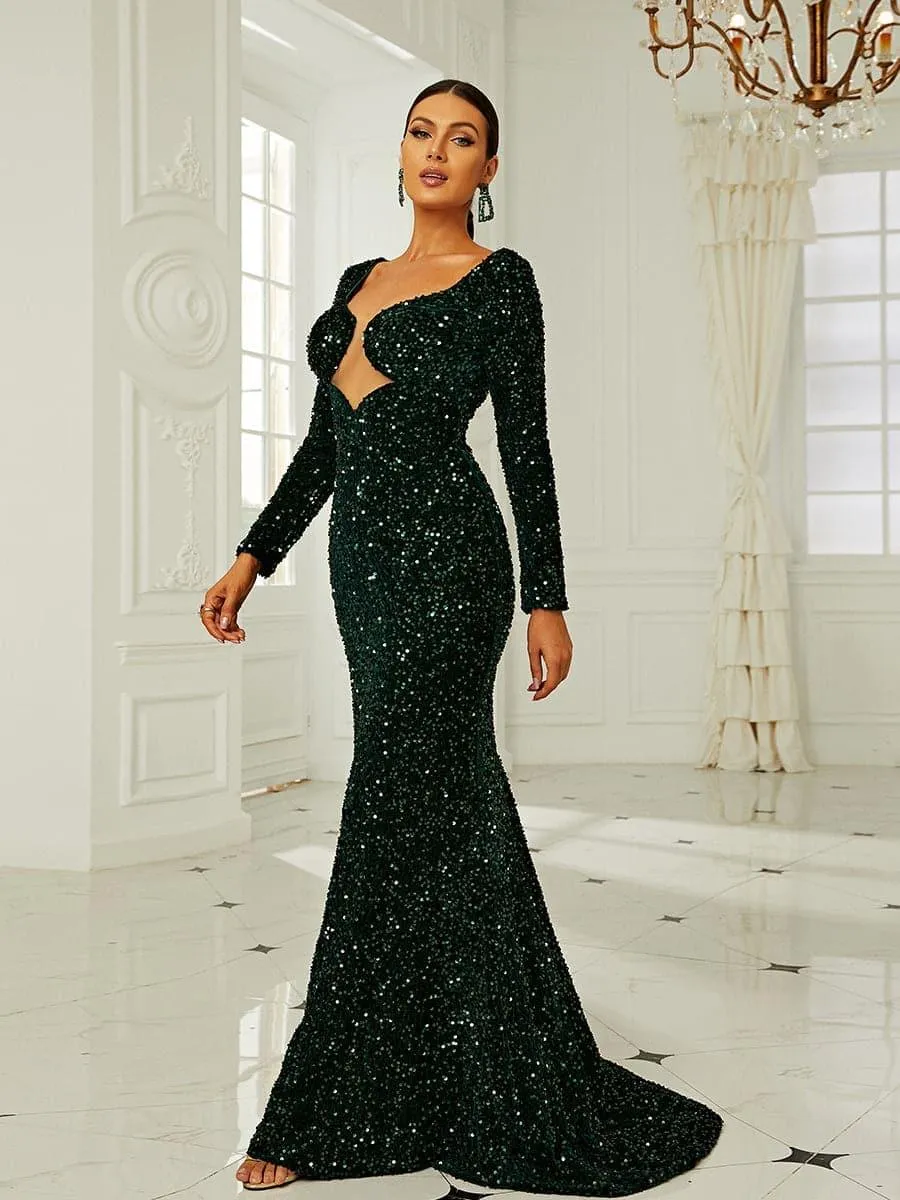 Emerald Green Sequin Mermaid Maxi Prom Dress XH2193