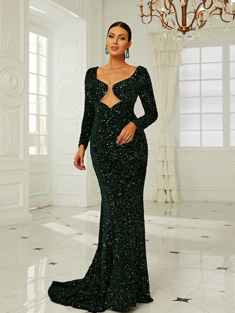 Emerald Green Sequin Mermaid Maxi Prom Dress XH2193